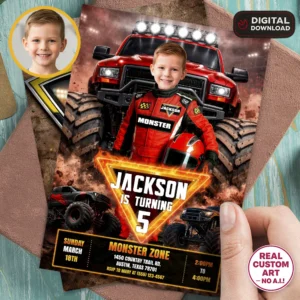 Flame Monster Truck Invitation | Fire Big Wheels Party Invite