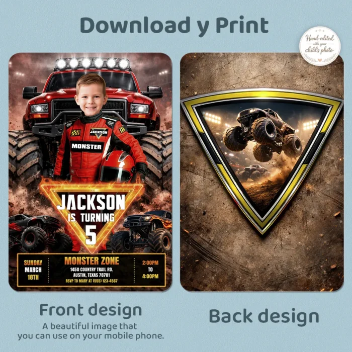 Flame Monster Truck Invitation | Fire Big Wheels Party Invite