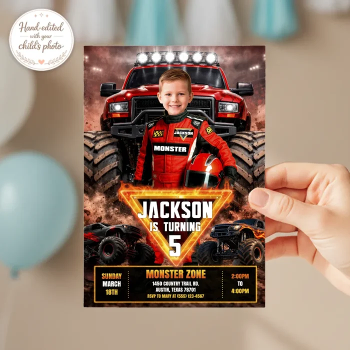 Flame Monster Truck Invitation | Fire Big Wheels Party Invite