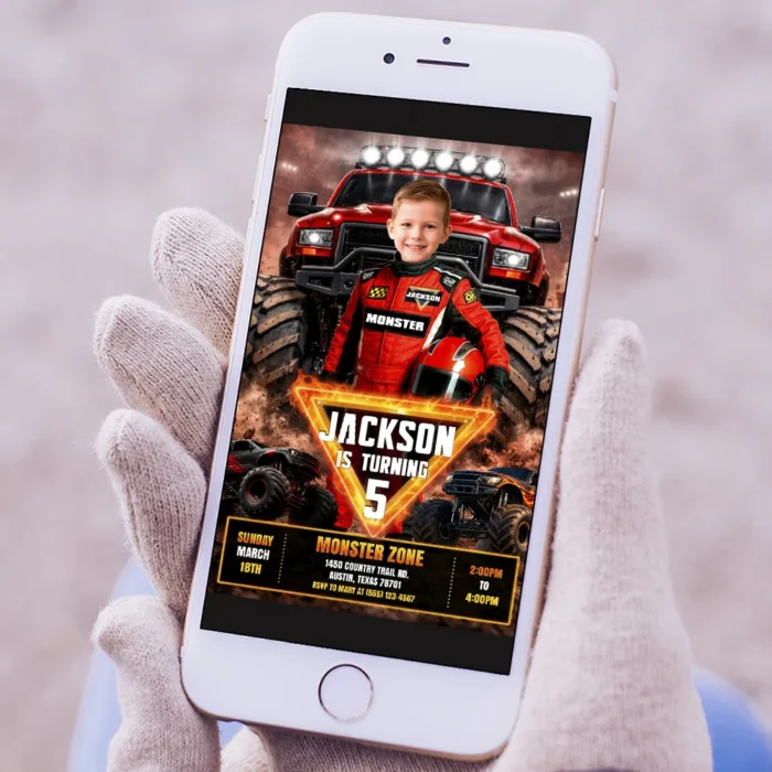 Flame Monster Truck Invitation | Fire Big Wheels Party Invite