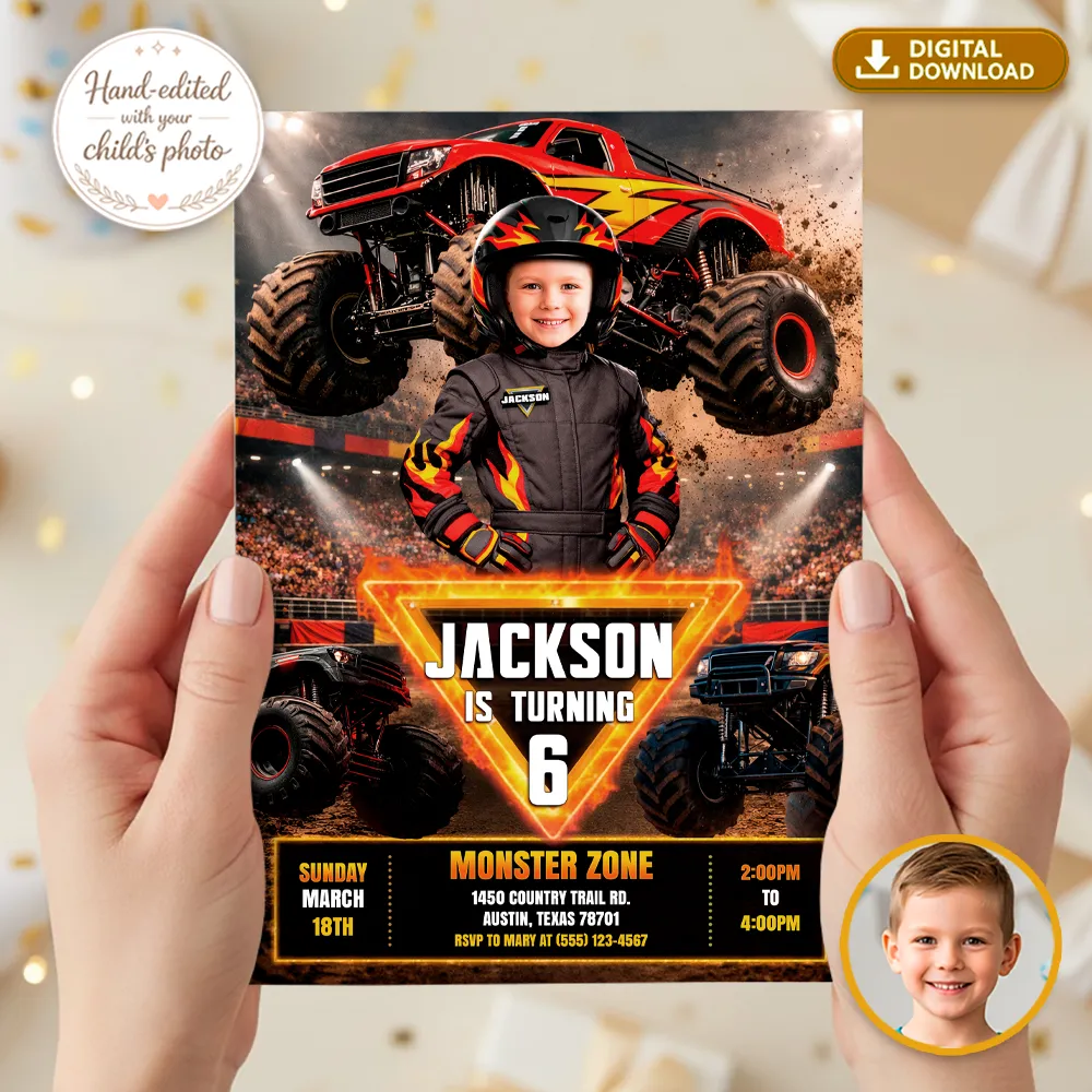 Child driving Monster Truck personalized birthday invitation