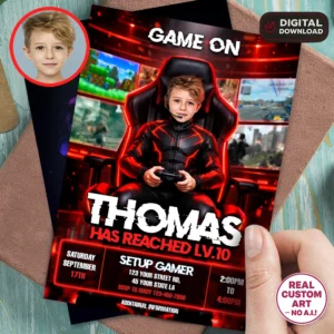 Custom Red Gamer Birthday Invitation | Gamer Photo Invite