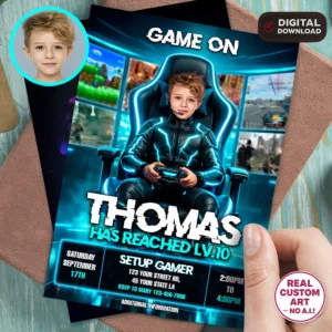 Turquoise Gamer Birthday Invitation | Gamer Photo Invite