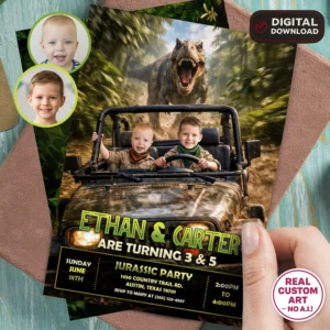 Dinosaur Siblings Photo Invitation | Custom Dino Park Birthday Twins