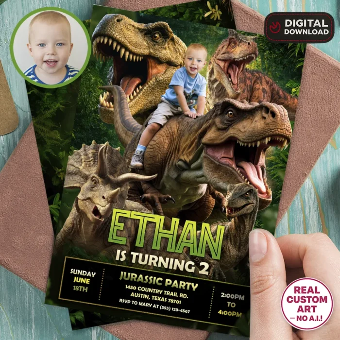 Tyrannosaurus Rex Invitation | Epic Custom Dinosaur Photo Invite 1 Tyrannosaurus Rex Invitation | Custom T-Rex Birthday Invite