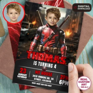 Red Superhero Birthday Invitation | Custom Red Suit Hero Photo Invite