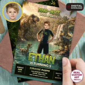 Epic Dinosaur Pool Party Invitation | Custom Dinosaur Photo Invite