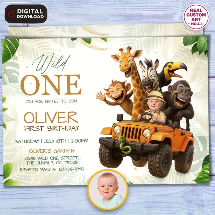 Wild One Jeep Birthday Invitation | Custom Baby Driver Jungle Invite 1 Wild One Jeep Birthday Invitation | Custom Baby Jungle Party