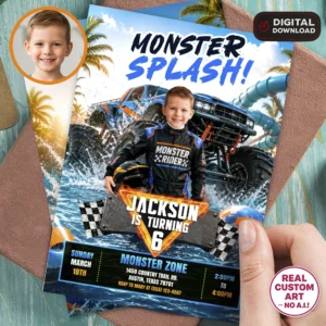 Epic Monster Truck Pool Party Invitation | Custom Splash Racing Birthday Photo Invite