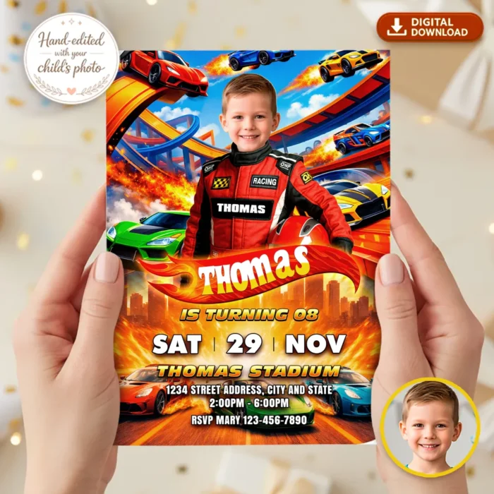 Custom Race Car Birthday Photo Invitation | Turbo Stunt Track Photo Invite