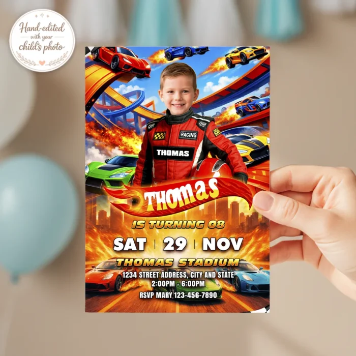 Custom Race Car Birthday Photo Invitation | Turbo Stunt Track Photo Invite