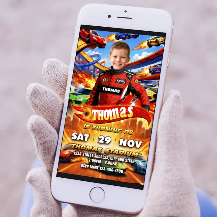 Custom Race Car Birthday Photo Invitation | Turbo Stunt Track Photo Invite
