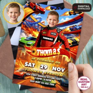 Custom Race Car Birthday Photo Invitation | Turbo Stunt Track Photo Invite