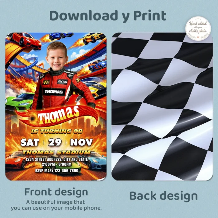 Custom Race Car Birthday Photo Invitation | Turbo Stunt Track Photo Invite