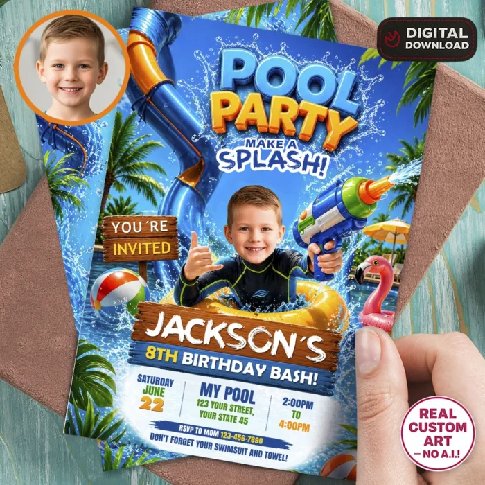 Photo Party Invitations Pool Party Birthday Photo Invitation | Custom Digital Design