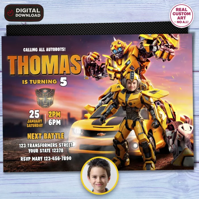 Bumblebee Party Photo Invitation | Transformers Birthday Invite 1 Bumblebee Party Photo Invitation | Transformers Birthday Invite