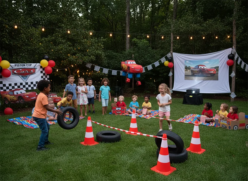 Cars birthday party race games tire toss and drive in movie corner