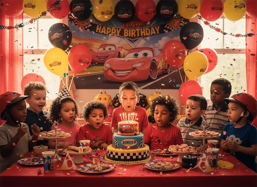 Lightning McQueen Cars birthday party celebration with kids and decorations