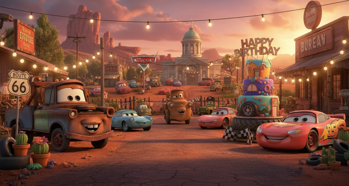 Radiator Springs Cars birthday party decor with Route 66 theme