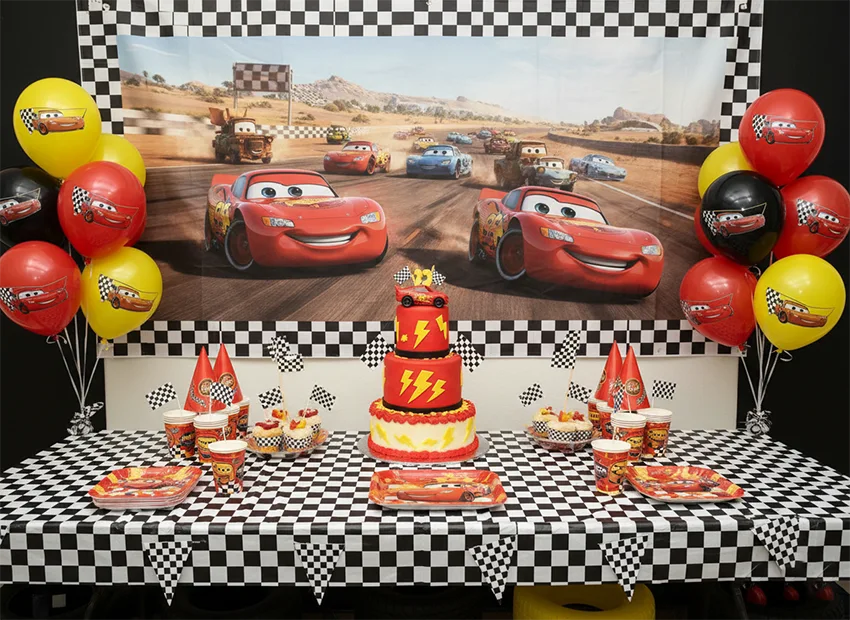 Cars birthday party decor with red black yellow and checkered flags