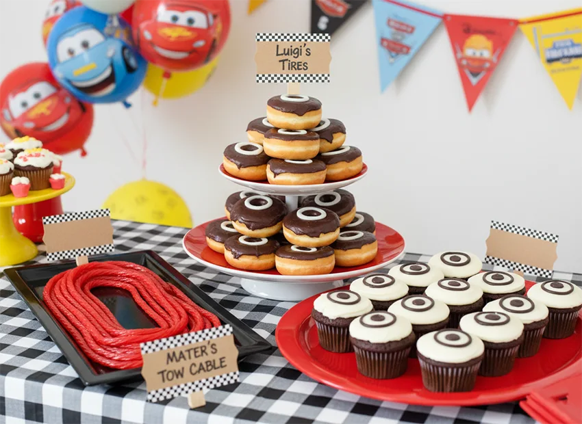 Cars party snacks tires donuts and tow cable candy