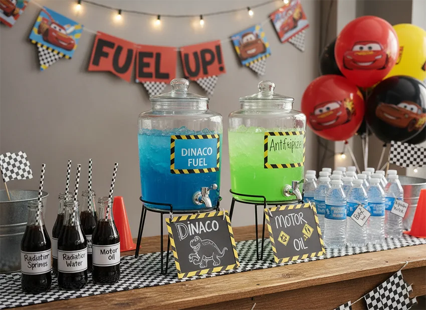 Cars party drink station with dinoco fuel and antifreeze labels