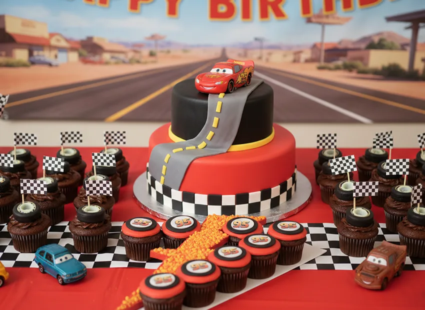 Lightning McQueen Cars birthday cake and cupcakes with checkered flags