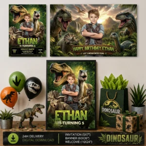 Dinosaur Birthday Party Bundle | Invitation, Banner and Welcome Sign