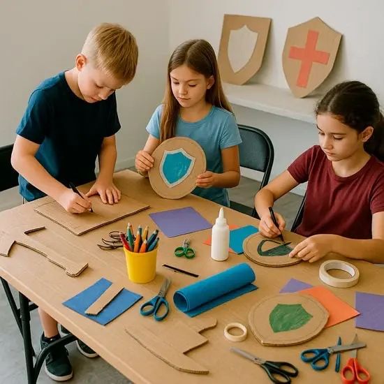 Crafting station where kids make cardboard shields and themed props