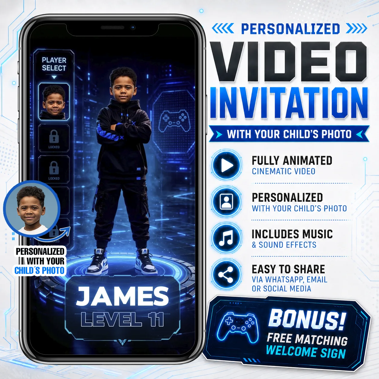 Kids themed photo video invitation shown on a phone screen