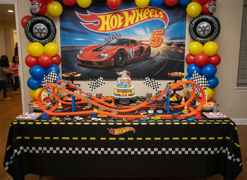 Hot Wheels Birthday Party Ideas - Hot Wheels birthday party entrance with balloon decor and race theme