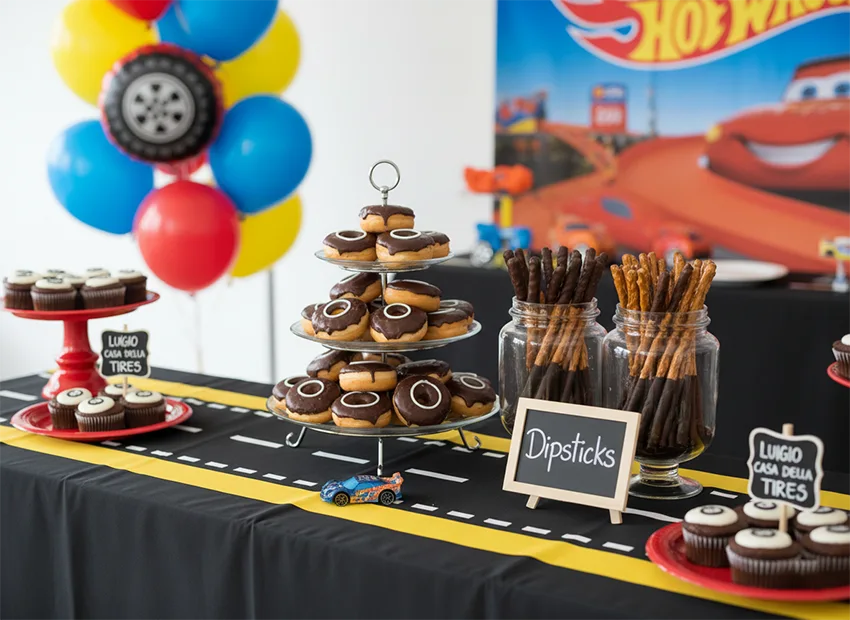 Hot Wheels party decor with race track table setup and themed signage