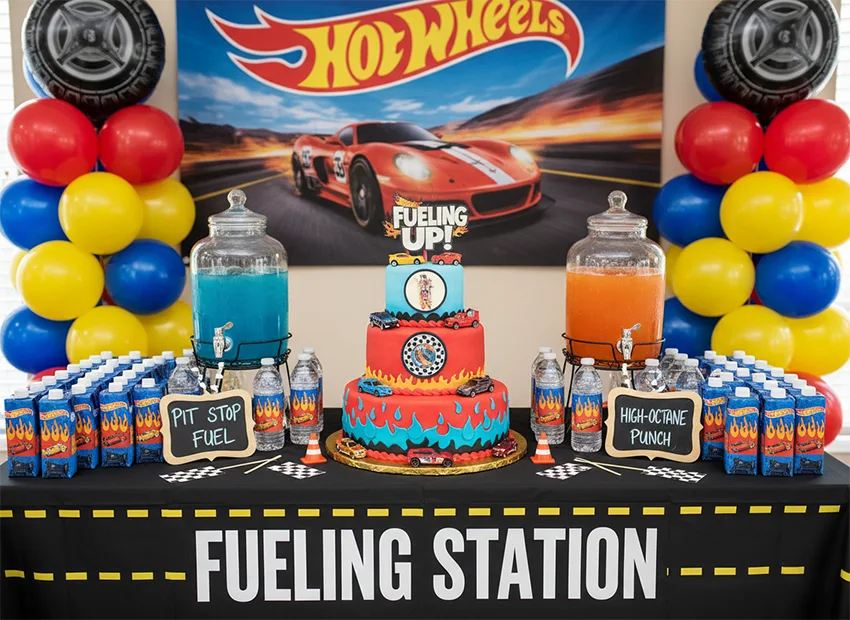 Hot Wheels party snacks spare tire donuts and dipstick pretzels