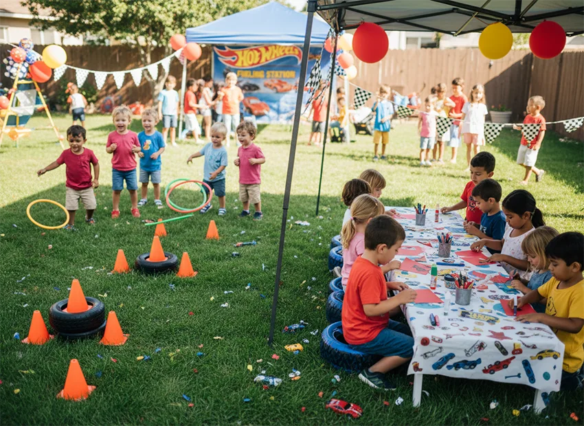 Hot Wheels party fueling station drinks and birthday cake