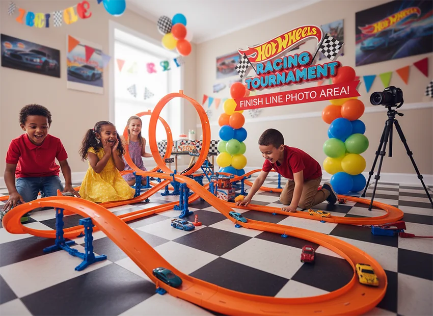 Hot Wheels birthday party kids playing racing games and crafts