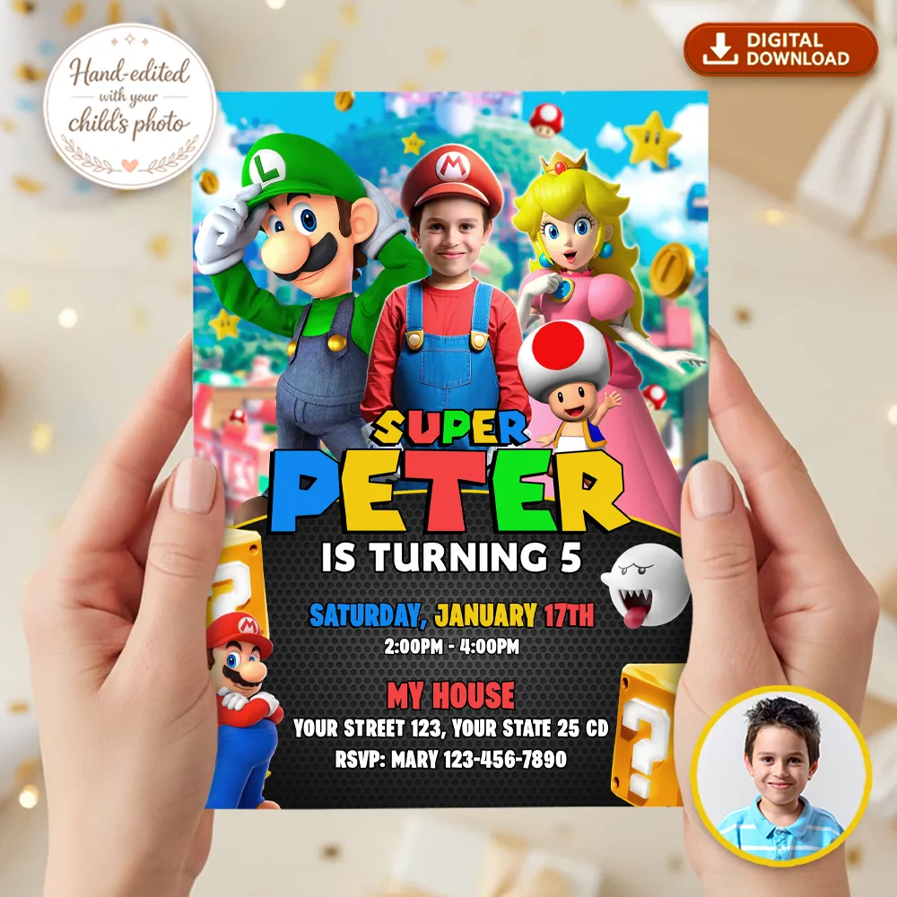 Super Mario Party Invitation | Custom Super Mario Photo Invite 2 Super Mario Party Invitation | Custom Super Mario Photo Invite