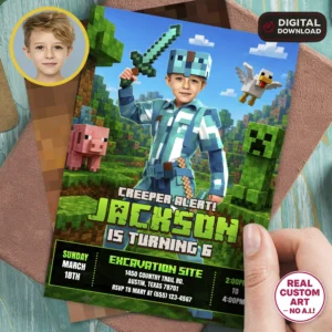 Minecraft Party Invitation | Custom Minecraft Birthday Photo Invite