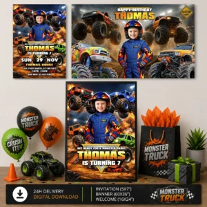 Monster Truck Birthday Bundle | Invitation, Banner & Welcome Sign Digital Set