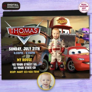 Cars Lightning Mcqueen Party Invitation | Custom Cars Birthday Photo Invitation