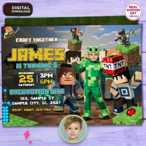 Minecraft Creeper Birthday Invitation | Custom Minecraft Party Photo Invite