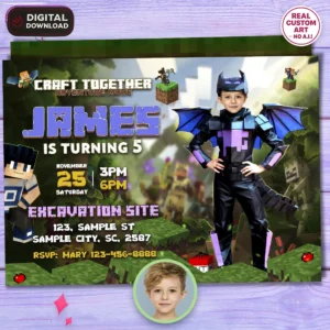 Minecraft Dragon Birthday Invitation | Custom Minecraft Party Photo Invite