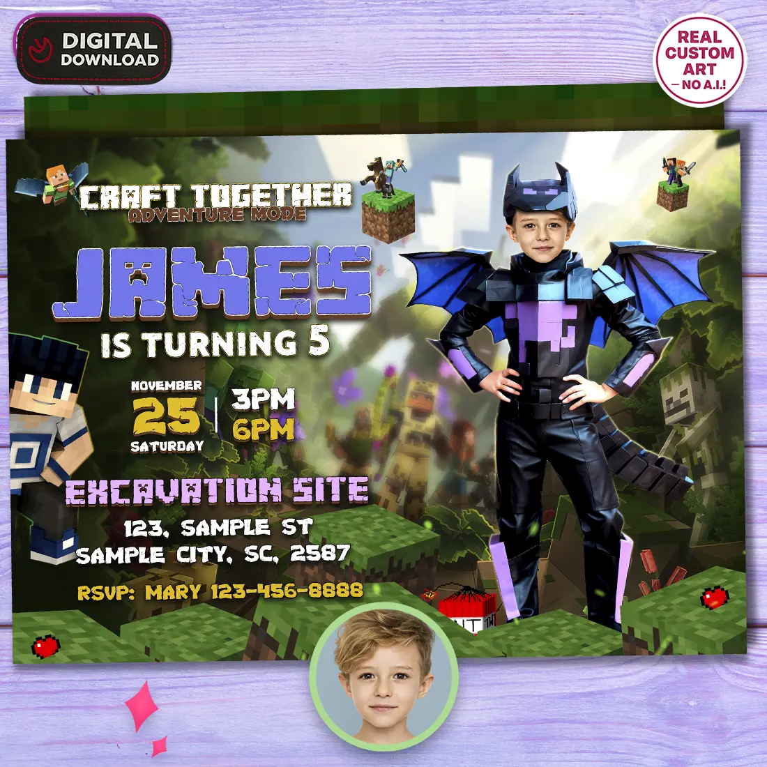 Minecraft Dragon Birthday Invitation | Custom Minecraft Party Photo Invite 1 Minecraft Dragon Birthday Invitation | Custom Minecraft Party Photo Invite