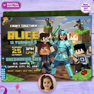 Minecraft Girl Birthday Invitation | Custom Minecraft Party Photo Invite