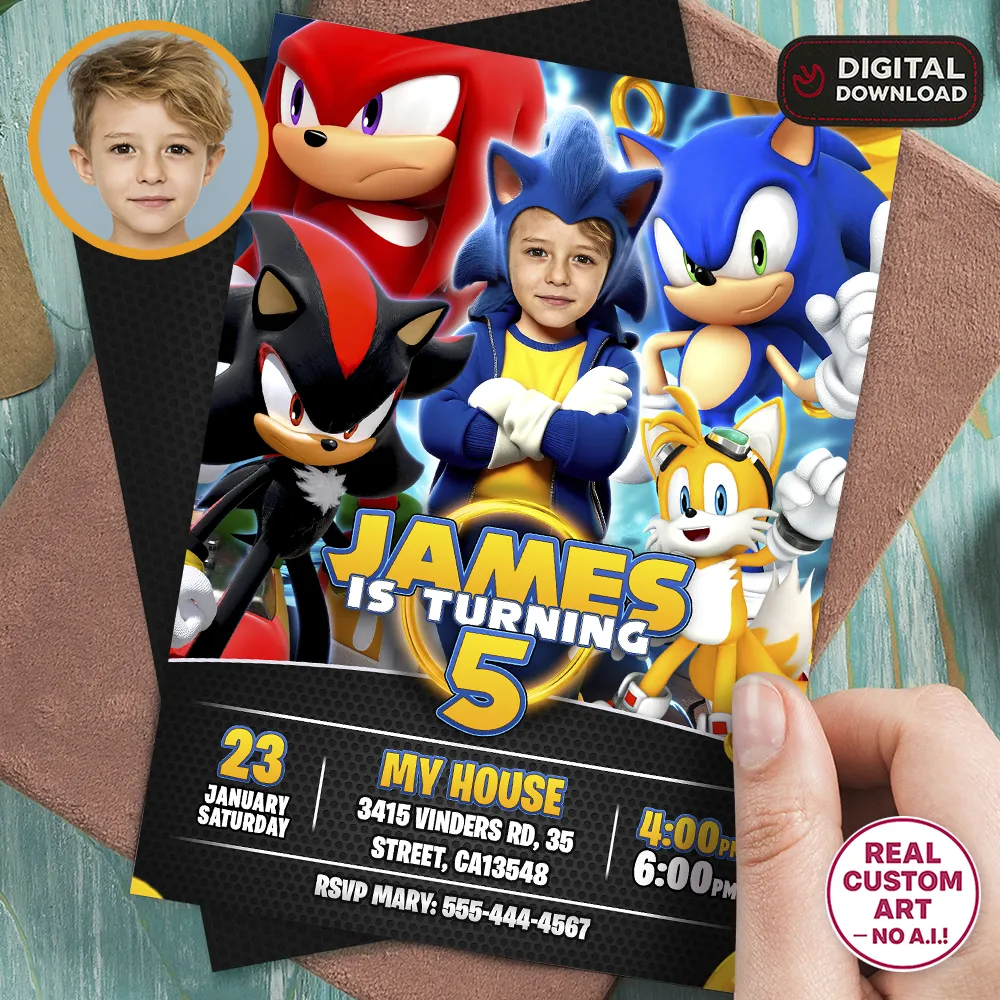 Personalized Sonic invitation mockup with child photo integration