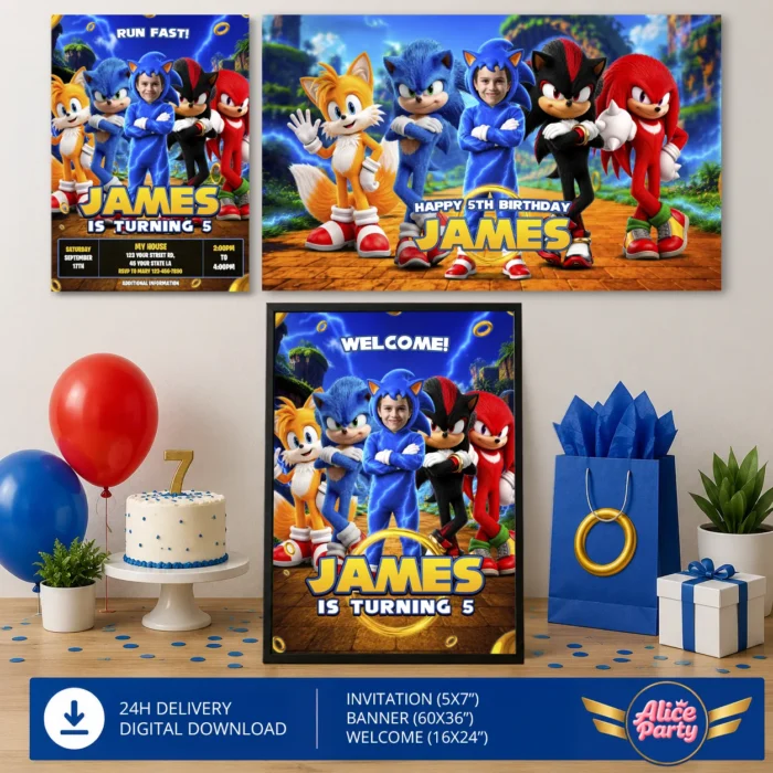 Custom Sonic Party Bundle | Invitation, Banner and Welcome Sign 1 Custom Sonic Party Bundle | Invitation, Banner and Welcome Sign