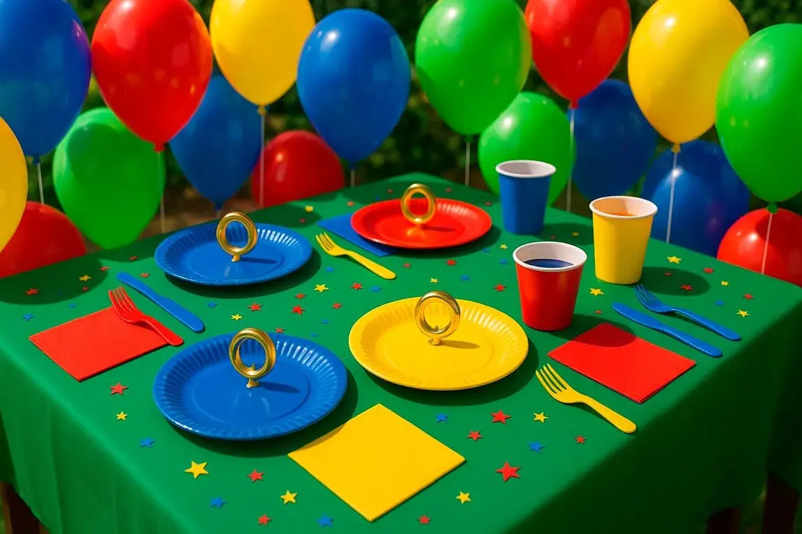 Sonic party palette and tableware: blue, red, yellow, green