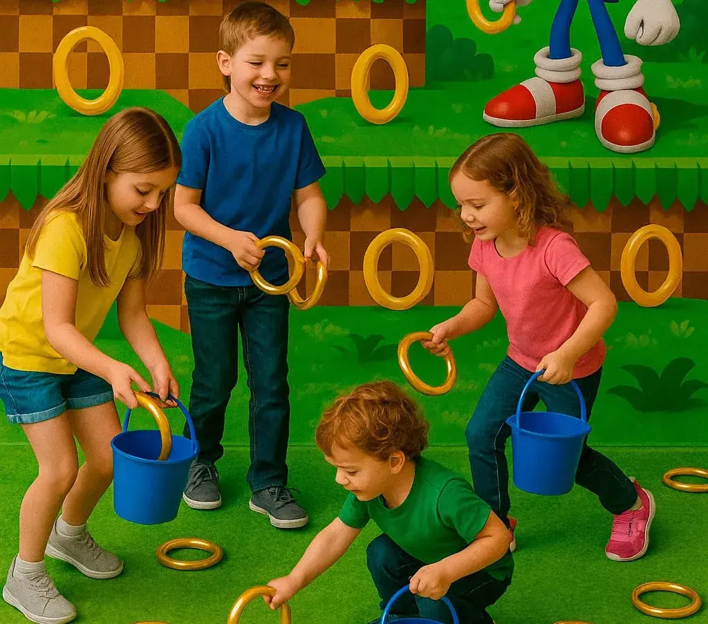 Ring Hunt: kids collecting golden rings around the party area