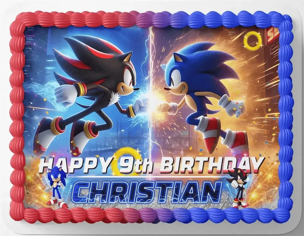Sonic-themed birthday cake with golden rings and checkerboard accents