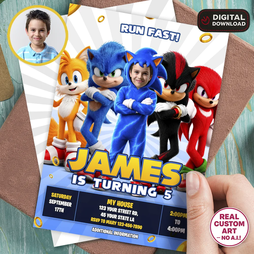 Custom Sonic Photo Invitation | Sonic Birthday Invitation 1 Custom Sonic Photo Invitation | Sonic Birthday Invitation