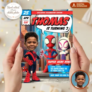 Spin Birthday Invitation with Photo | Personalized Spidey Invitation